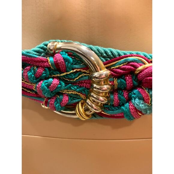80s Boho Gypsy Teal Fuchsia and Gold Cord Knot Obi Belt - Picture 3 of 8